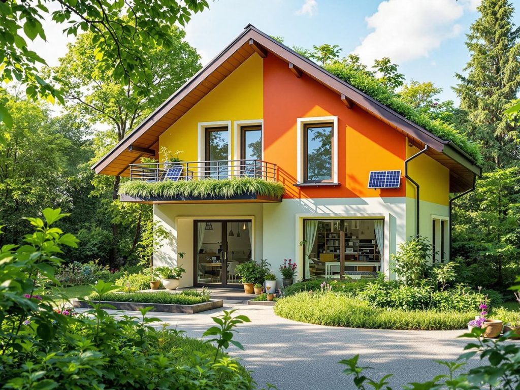 Casa ecologică cu panouri solare și vegetație luxuriantă.