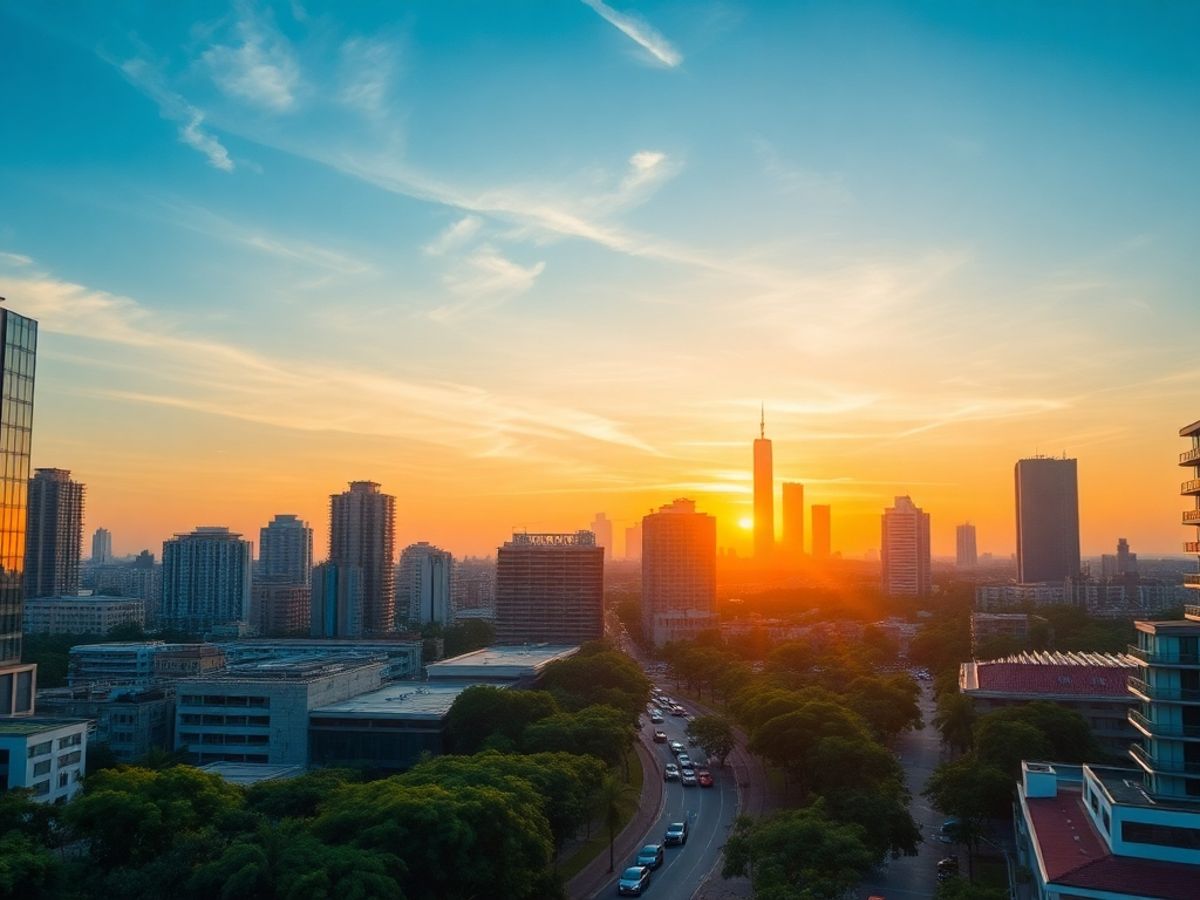 Peisaj urban modern cu clădiri noi și spații verzi.