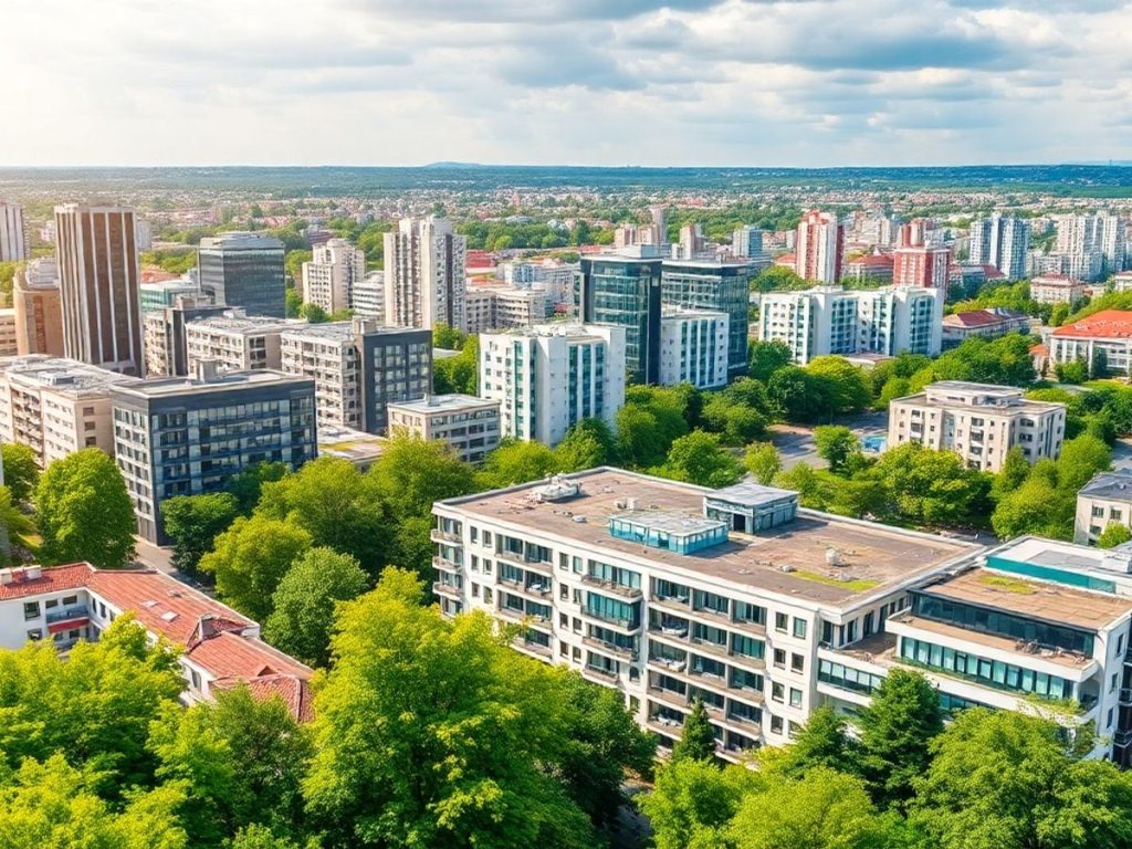 Peisaj urban din România cu clădiri moderne și verdeață.