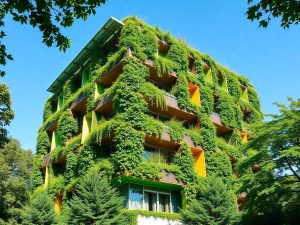 Clădire ecologică cu grădini verticale și panouri solare.