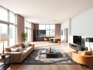 Apartament modern cu mobilier contemporan și lumină naturală.