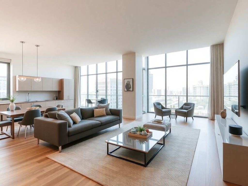 Interior modern de apartament nou, elegant și luminos.