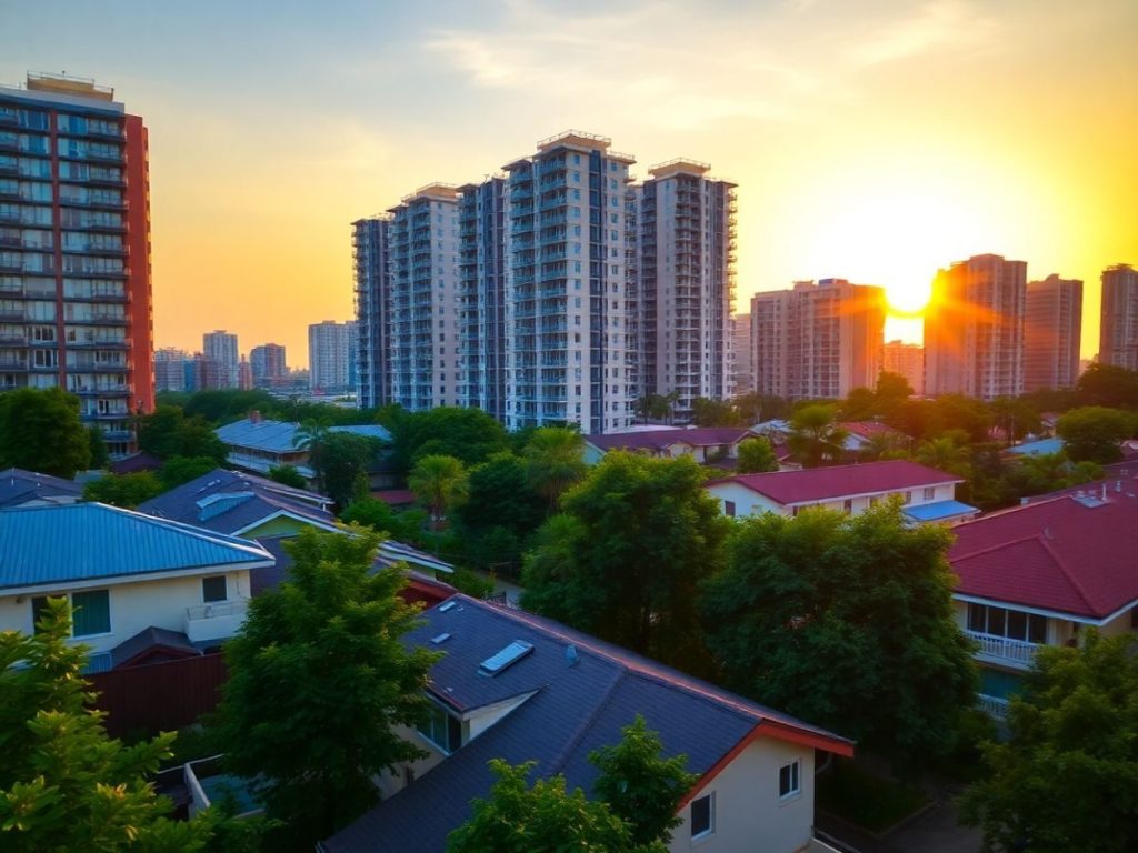 Case moderne și blocuri de apartamente într-un peisaj urban.
