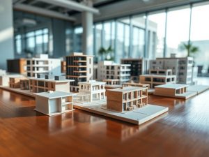 Imagini cu clădiri moderne și portofolii de investiții imobiliare.