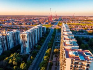 Panoramă aeriană cu clădiri noi, macarale, străzi și spații verzi
