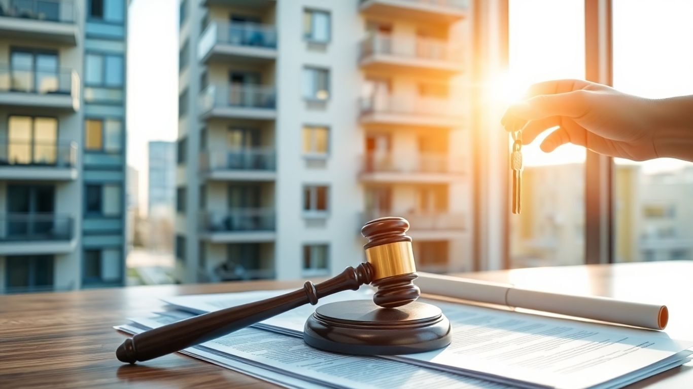 Clădire modernă, ciocan, acte, cheie.