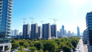 Clădiri moderne, macarale și cer albastru în oraș.