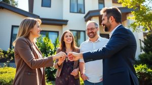 Cuplu fericit primind cheile unei case noi.